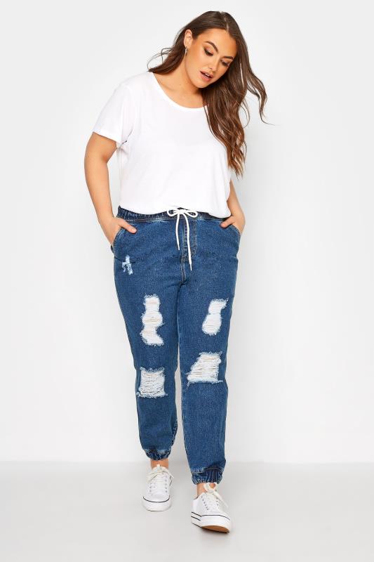 Plus Size Indigo Blue Ripped Jogger Jeans | Yours Clothing 2