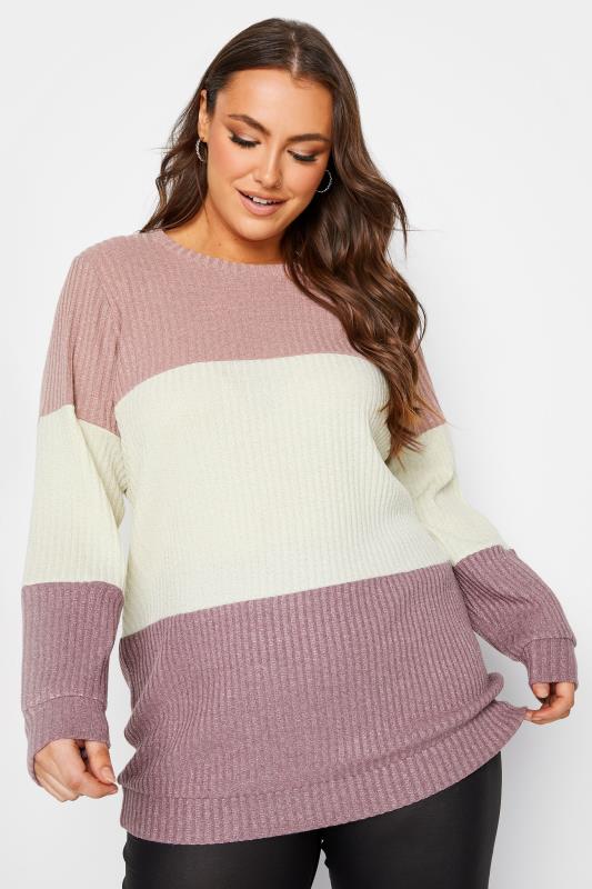 YOURS LUXURY Plus Size Womens Pink & White Colourblock Soft Touch Metallic Jumper | Yours Clothing  1
