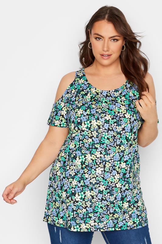 Plus Size Black Ditsy Print Cold Shoulder Top | Yours Clothing 1