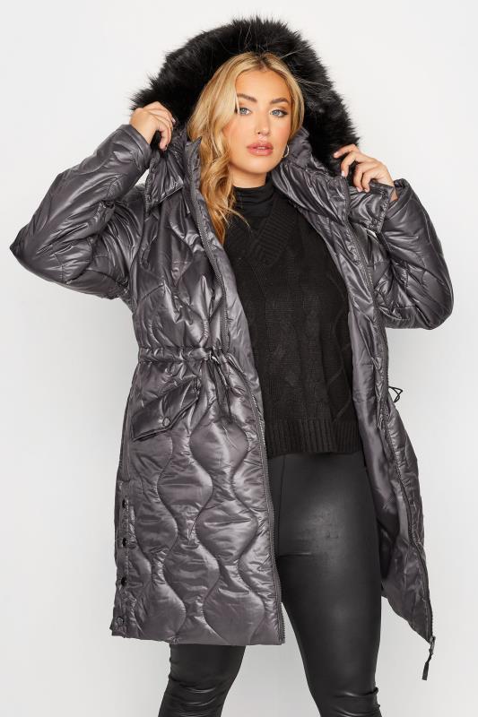 Curve Grey Quilted High Shine Puffer Coat 2
