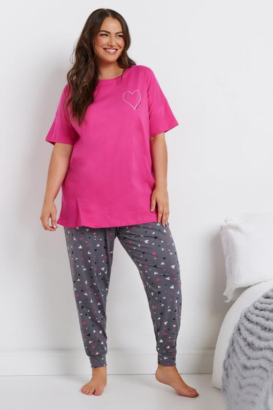 YOURS Plus Size Grey Heart Print Cuffed Pyjama Bottoms | Yours Clothing 2