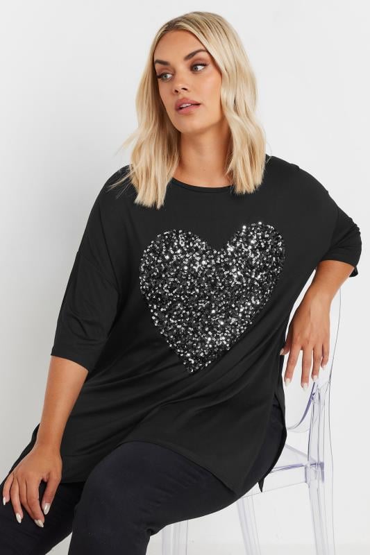  Grande Taille YOURS Curve Black Heart Sequin Embellished T-Shirt