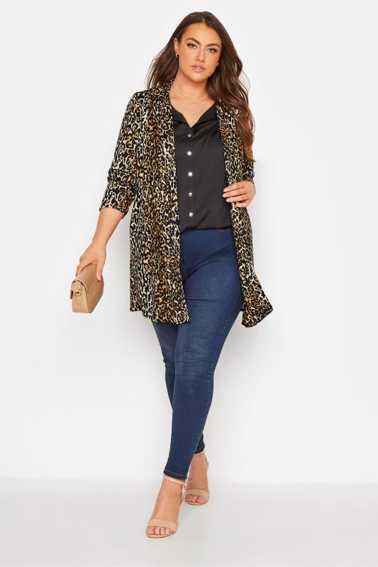 Plus Size Brown Leopard Print Longline Blazer | Yours Clothing 2