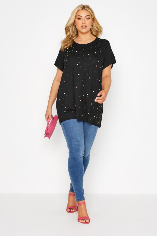 Plus Size Black Embellished Short Sleeve T-Shirt | Yours Clothing  2