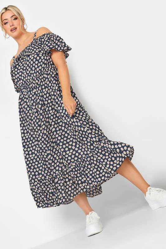 LIMITED COLLECTION Curve Navy Blue Daisy Print Cold Shoulder Dress | Yours Clothing  1