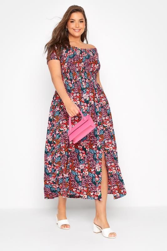 Plus Size  Curve Pink Floral Print Bardot Maxi Dress