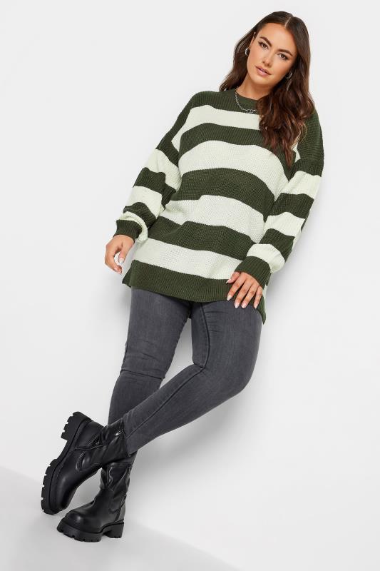 YOURS Plus Size Green Striped Ribbed Knit Jumper | Yours Clothing 2