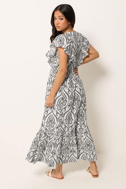 PixieGirl Petite Women's White Tile Print Tiered Maxi Dress | PixieGirl 4