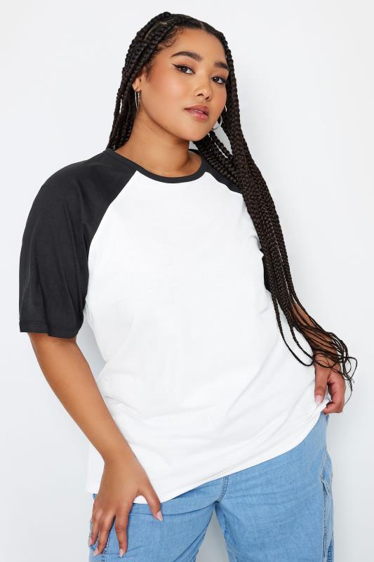 YOURS Plus Size Black & White Raglan Sleeve T-Shirt | Yours Clothing 1