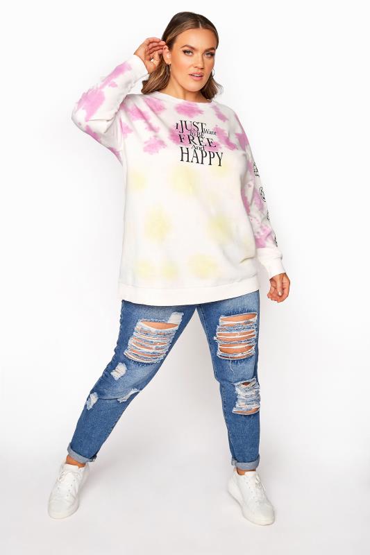 Curve White & Pink Tie Dye 'Free and Happy' Print Sweatshirt_B.jpg