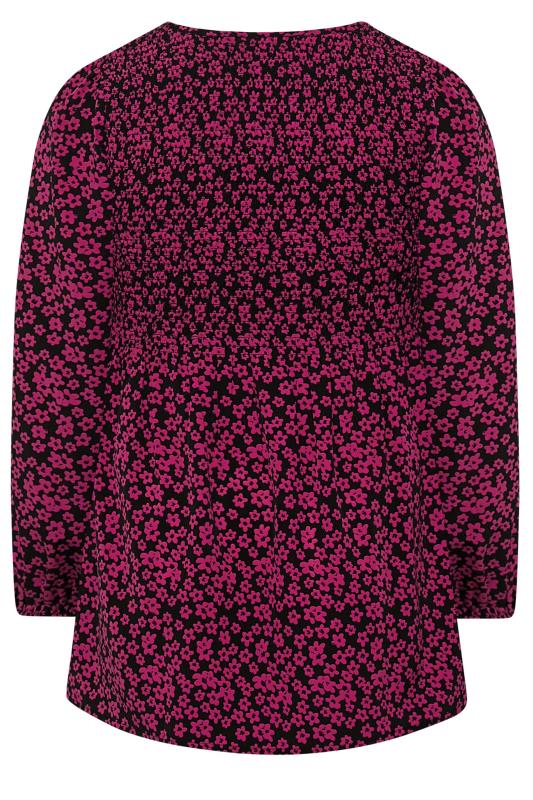 Plus Size Pink Floral Print Balloon Sleeve Shirred Top | Yours Clothing 7