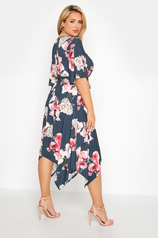 YOURS LONDON Plus Size Navy Blue Floral Hanky Hem Dress | Yours Clothing 3