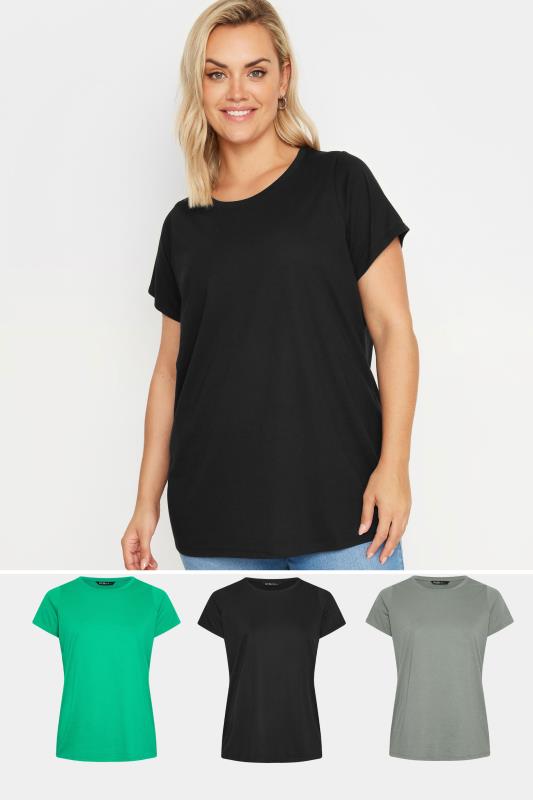 Plus Size  YOURS 3 PACK Curve Black & Green Core T-Shirts