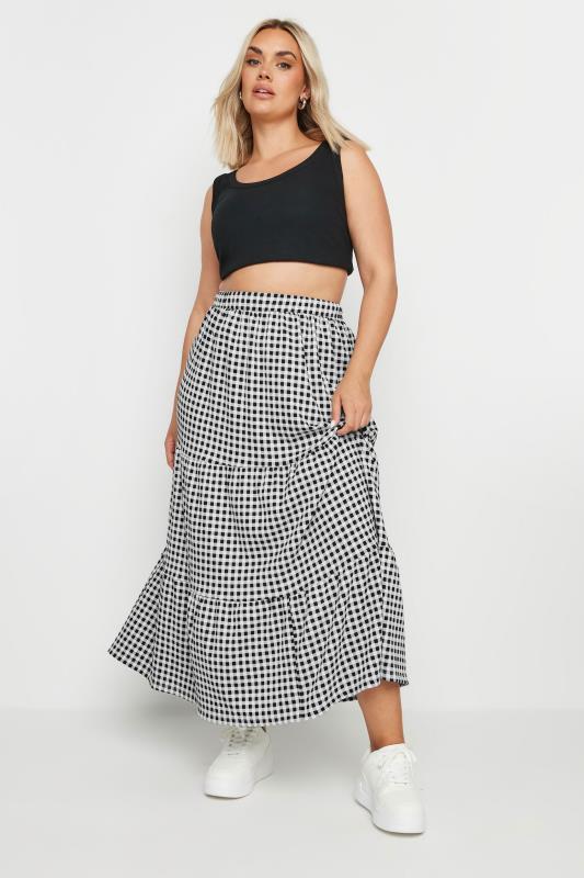 YOURS Plus Size Black Gingham Textured Maxi Skirt | Yours Clothing 1