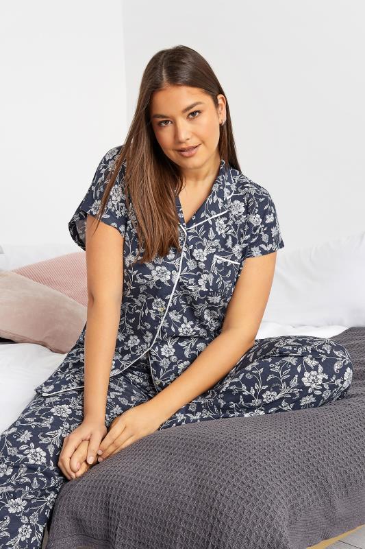LTS Tall Women's Blue Stencil Floral Print Pyjama Set | Long Tall Sally 4