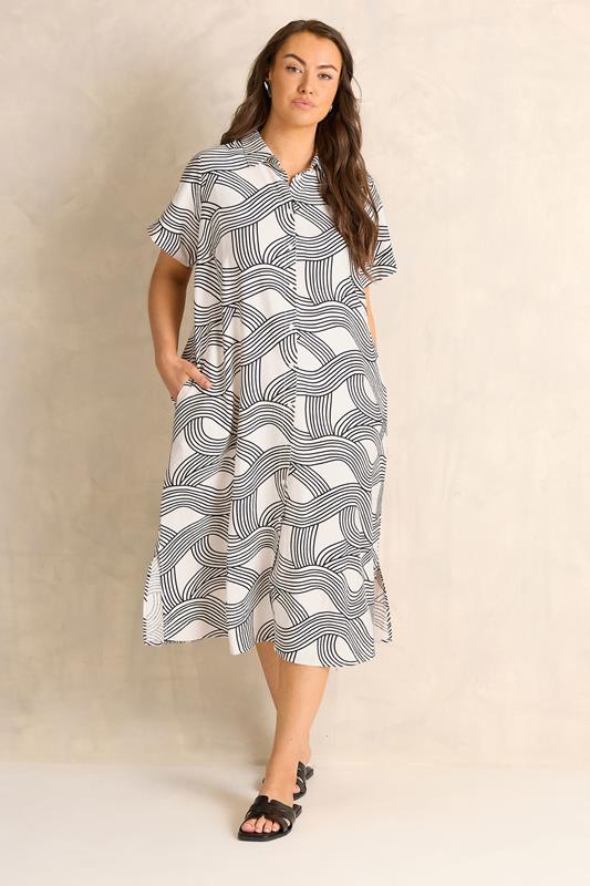 EVANS Plus Size White & Black Linear Shirt Dress | Evans 1