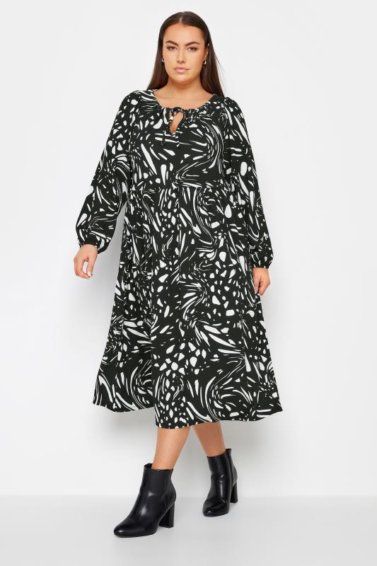 YOURS Plus Size Black Abstract Print Midi Dress | Yours Clothing 2