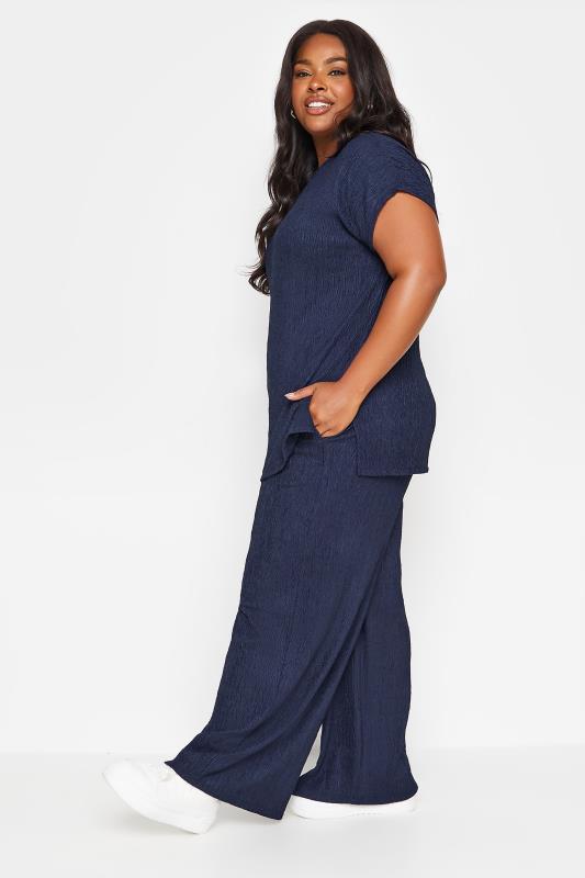 YOURS Plus Size Navy Blue Crinkle Plisse Wide Leg Trousers | Yours Clothing 3