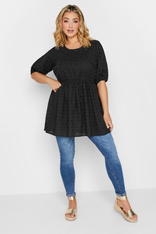 LIMITED COLLECTION Plus Size Black Embroidered Peplum Top | Yours Clothing 2