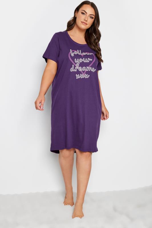 YOURS Plus Size Purple 'Follow Your Dreams' Slogan Nightdress | Yours Clothing 1