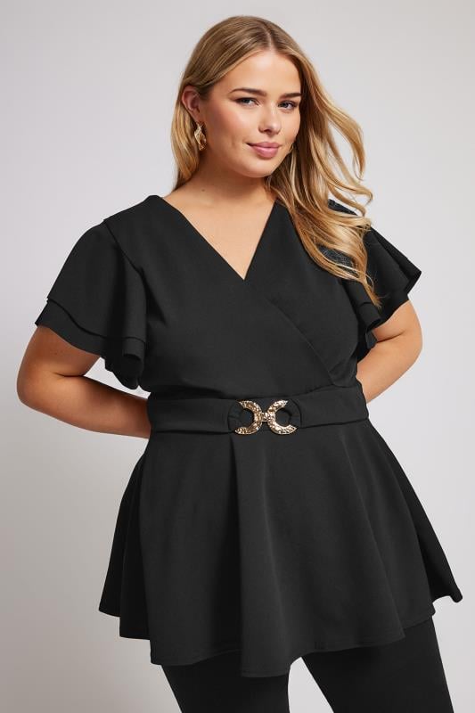 YOURS LONDON Plus Size Black Buckle Detail Peplum Top | Yours Clothing 2