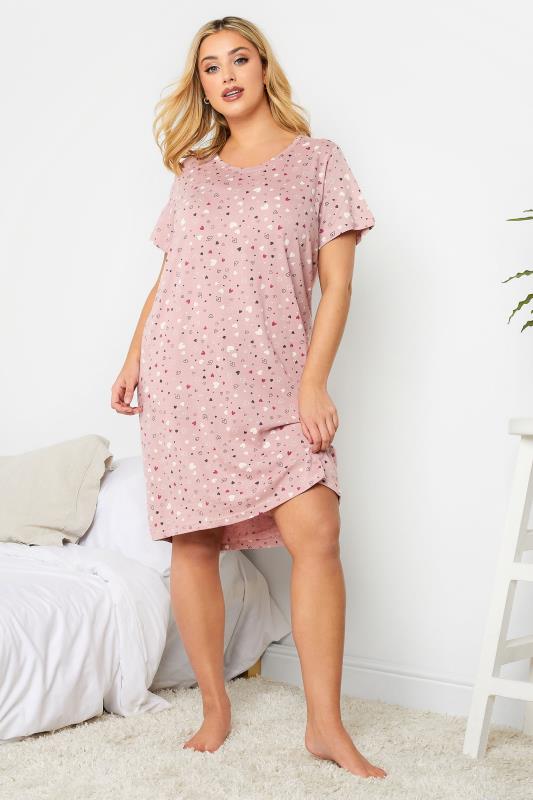 Plus Size Light Pink Heart Print Nightdress | Yours Clothing 1