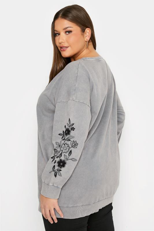 Grey Embroidered Floral Print Sleeve Sweatshirt_C.jpg