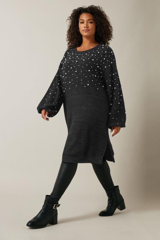 EVANS Plus Size Charcoal Grey Pearl Embellished Soft Touch Jumper Dress | Evans 5