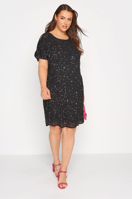 Plus Size LUXE Curve Black Sequin Hand Embellished Cold Shoulder Cape Dress | Yours Clothing 1