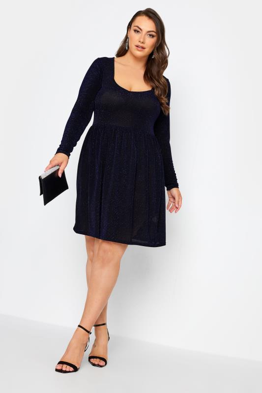 LIMITED COLLECTION Plus Size Black & Blue Glitter Sweetheart Neck Dress | Yours Clothing 2