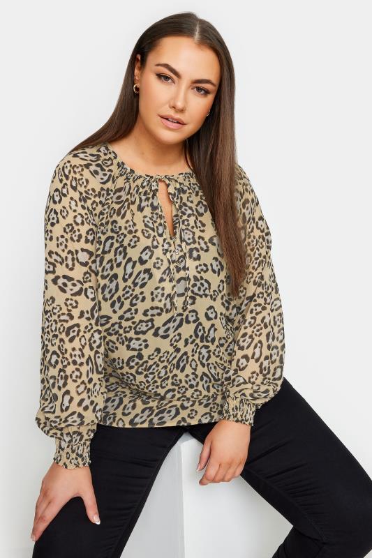 Plus Size  YOURS Curve Beige Brown Leopard Print Tie Neck Blouse