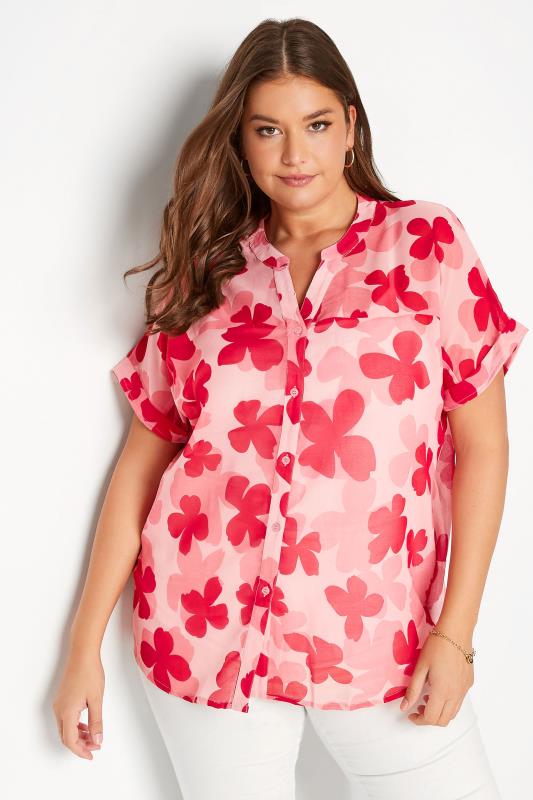 Plus Size Pink Floral Print Grown On Sleeve Chiffon Shirt | Yours Clothing 3