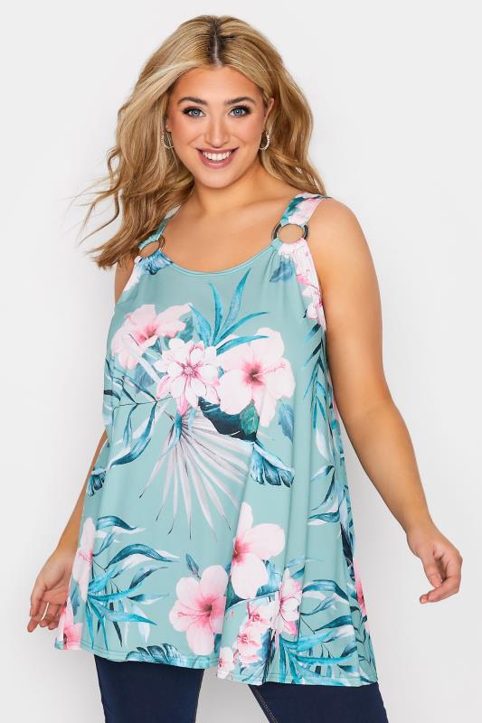 Plus Size  YOURS LONDON Curve Green Tropical Ring Detail Vest Top