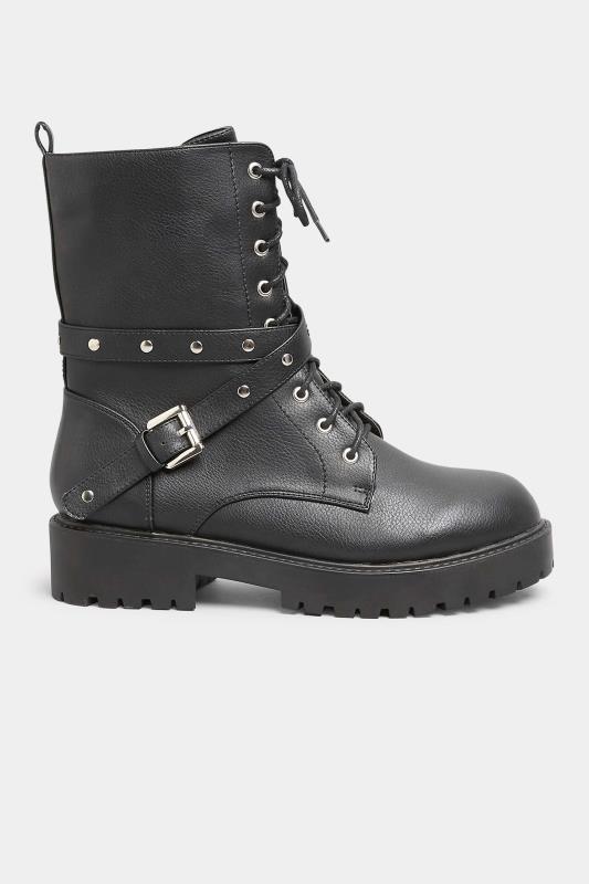Black Studded Strap Lace Up Chunky Boots In Extra Wide EEE Fit 3
