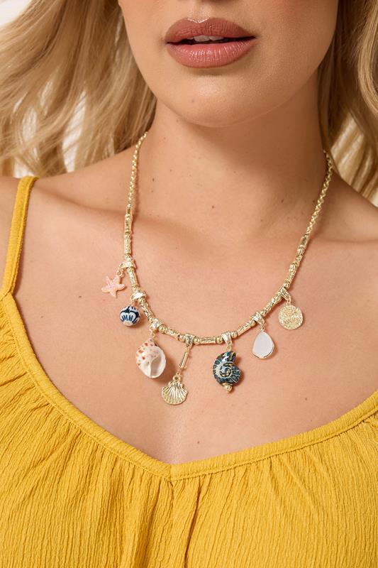 Gold Tone Shell Charm Statement Necklace | Yours Clothing 1