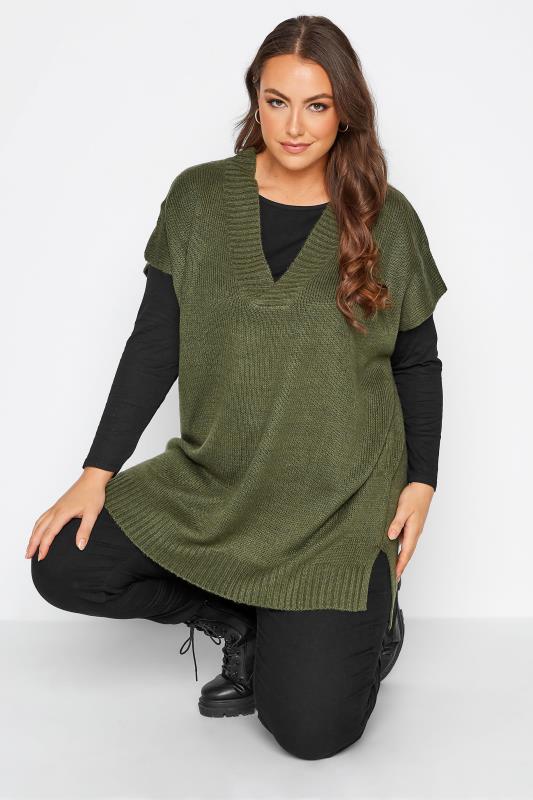 Plus Size Curve Khaki Green Knitted V-Neck Vest | Yours Clothing 4