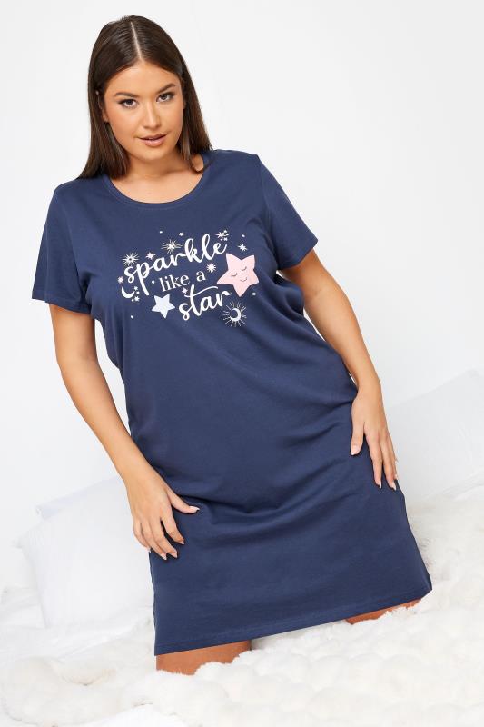 YOURS Plus Size Navy Blue 'Sparkle Like A Star' Slogan Nightdress | Yours Clothing 1