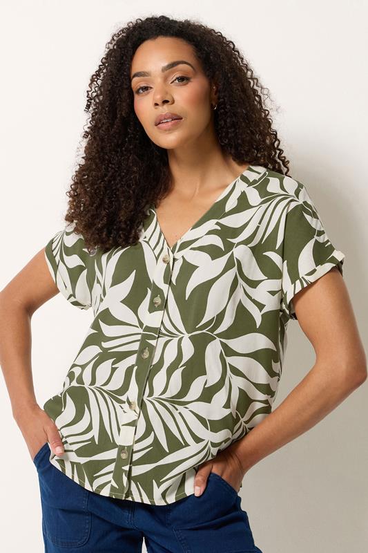  M&Co Khaki Green Leaf Print Short Sleeve Blouse