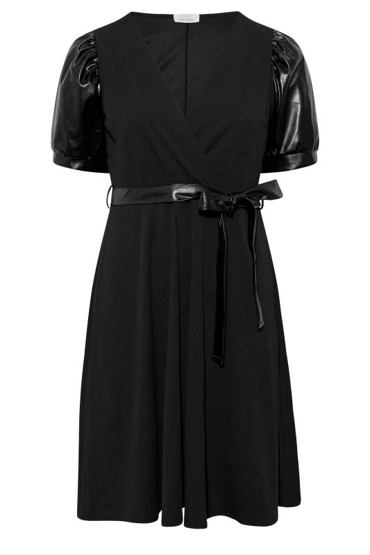 YOURS LONDON Curve Black Leather Look Puff Sleeve Wrap Dress 6