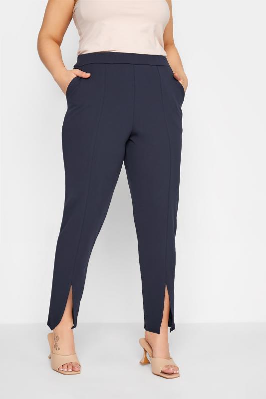LIMITED COLLECTION Curve Navy Blue Split Hem Tapered Trousers 1