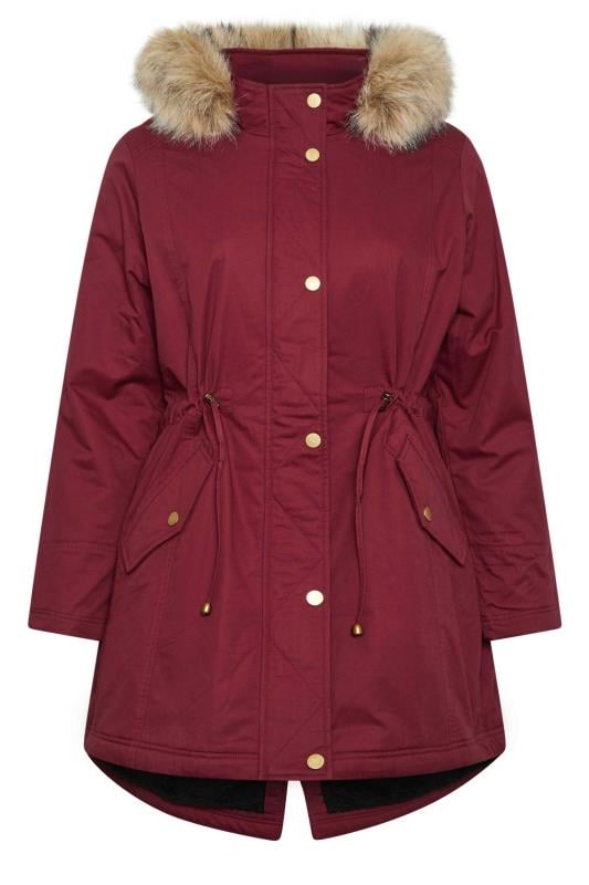 YOURS Plus Size Berry Red Faux Fur Trim Parka Coat | Yours Clothing 5