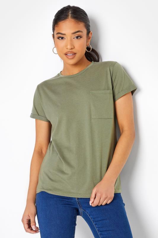 Petite Khaki Green Short Sleeve Pocket T-Shirt 1