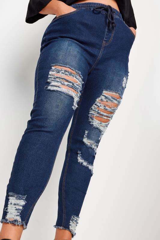 Plus Size Blue Elasticated Waist Ripped Skinny AVA Jeans | Yours Clothing  4