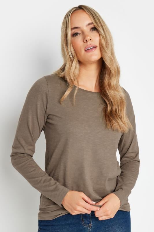 LTS Tall Mocha Brown Crew Neck Long Sleeve Cotton T-Shirt | Long Tall Sally 1