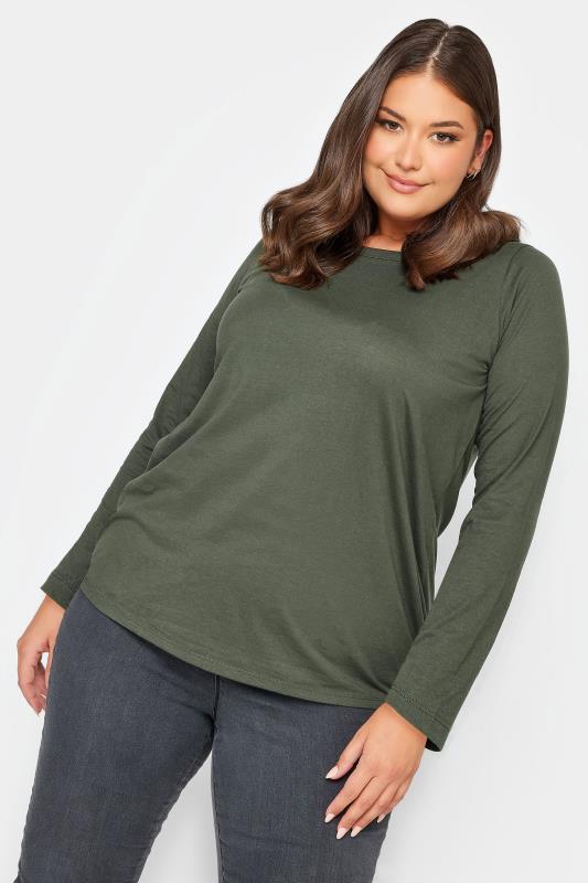 Plus Size  YOURS Curve Khaki Green Long Sleeve Essential T-Shirt