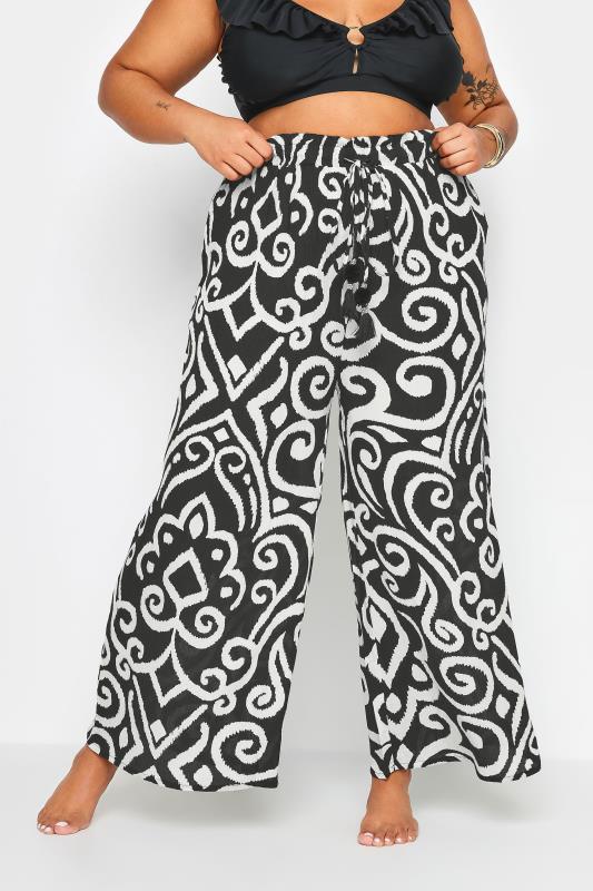 Plus Size  YOURS Curve Black Abstract Print Crinkle Tassel Trousers