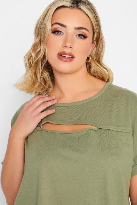 YOURS Plus Size Khaki Green Cut Out T-Shirt | Yours Clothing 5
