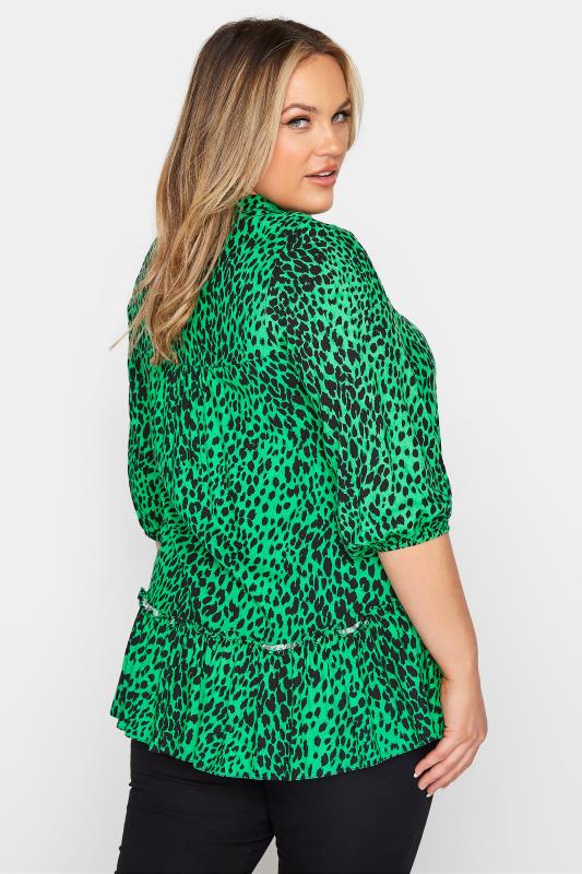 Curve Green Leopard Print Tie Neck Peplum Blouse 3