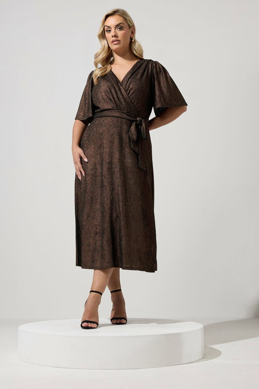 Yours London Women's Plus Size Brown Metallic Wrap Dress Size 22-24