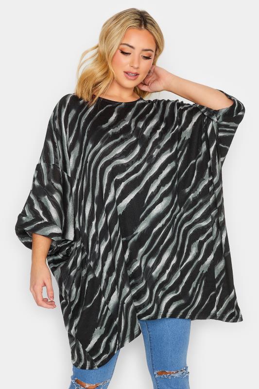 Plus Size Black & Grey Zebra Print Hanky Hem Top | Yours Clothing 1